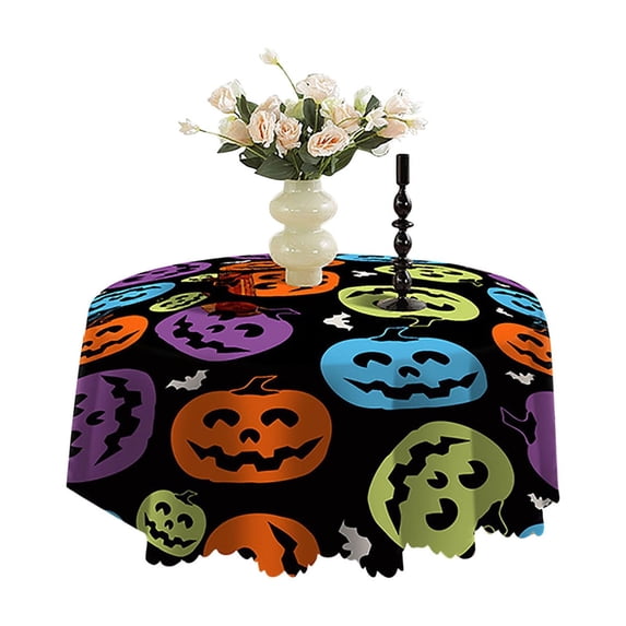 Halloween Tablecloth, Orange and Black Pumpkin Table Cloth for Party Decoration, Round 47.2 Inch, Bat Scary Themed Tablecloths, Waterproof Spill Proof Table Cover for Dinner Kitchen