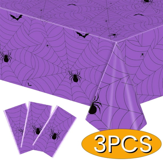 Halloween Tablecloth for Pary Decoration Rectangular disposable Plastic Spider Web Halloween Table Covers for Home Decor Halloween Party Supplies 54" x 108" Purple 3Pcs