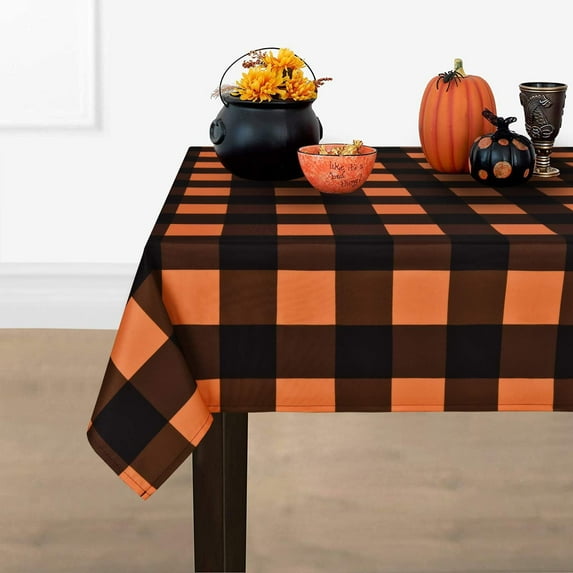 Halloween Tablecloth, Plaid Checkered Table Cloth, Orange and Black Tablecloths, Machine Washable Tablecloth Rectangle for Dinner Party Decoration, 60 x 84 inch