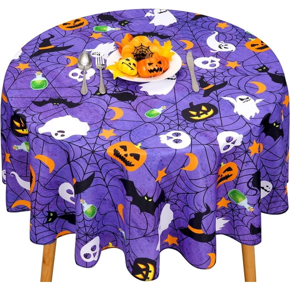 Halloween Tablecloth, Purple Spider Web Table Cloth for Party Decoration, Round 60 Inch, Bat Cobweb and Ghost Tablecloths, Waterproof Spill Proof Table Cover for Dinner Kitchen