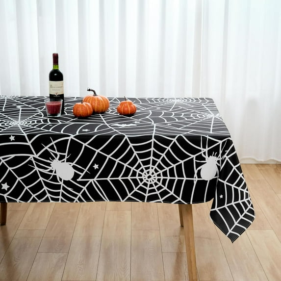 Halloween Tablecloth Rectangle Black Spider Web Table Cloth - 60 x 84 Oblong Polyester Cobweb Black Halloween Table Cover Washable Waterproof for Party Picnic Kitchen Dining Outdoor Decorations