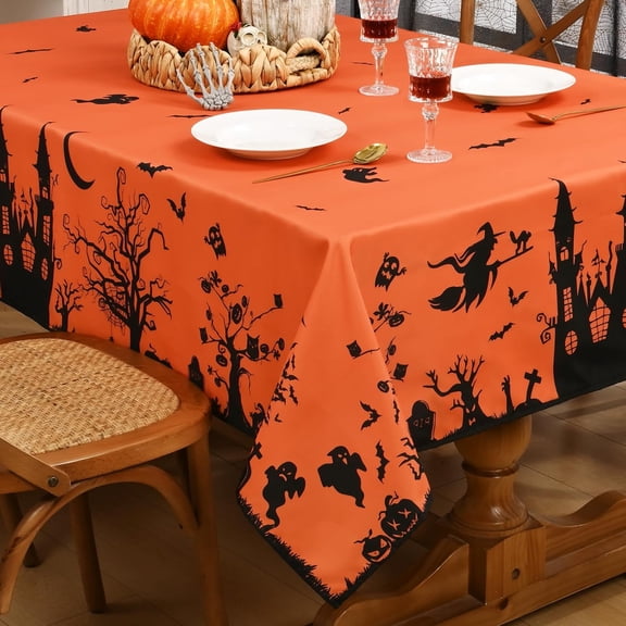 Halloween Tablecloth Rectangle Table 60 x 120 Inch, Black and Orange Waterproof Table Cloth Scary Spooky Castle Witch Halloween Table Covers for Halloween Party Holiday Kitchen and Home Decor