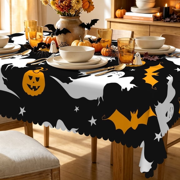 Halloween Tablecloth Rectangular Cartoon Ghost Pumpkin Bat Table Cover Indoor Outdoor Kitchen Decor 60"W x 84"L