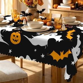 Halloween Tablecloth Rectangular Cartoon Ghost Pumpkin Bat Table Cover Indoor Outdoor Kitchen Decor 60"W x 84"L