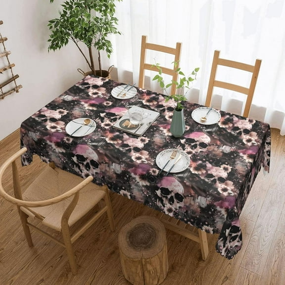 Halloween Tablecloth Rectangular, Flowers and Skulls Table Cloth Washable Table Cover for Party Picnic Dinner Decor 60" X 84"