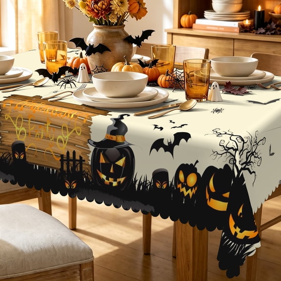 Halloween Tablecloth Rectangular Glowing Pumpkin Witch Bat Spider Vintage Table Cover Indoor Outdoor Kitchen Decor 60"W x 84"L