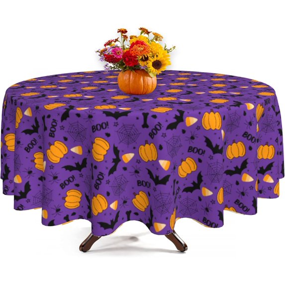 Halloween Tablecloth Round 60 Inch Boo Purple Table Cover Pumpkin Bat Themed Waterproof Wipeable Table Cloth for Party Picnic Kitchen Home Decoration