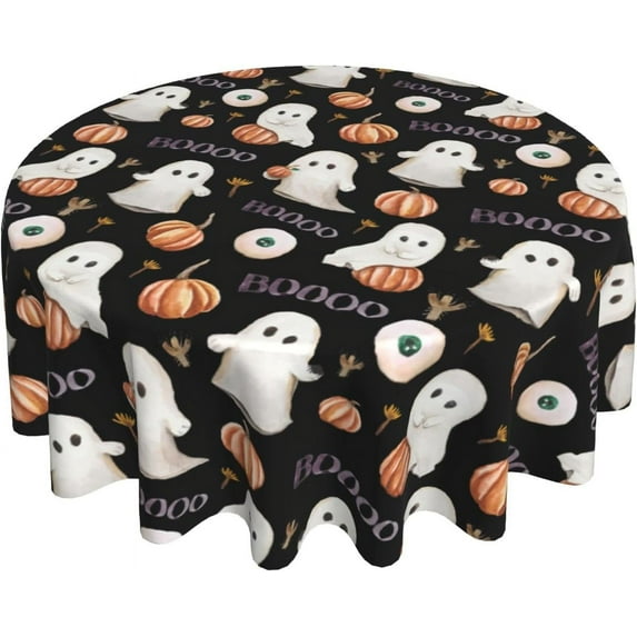 Halloween Tablecloth Round 60 Inch Cute Boo Ghost Pumpkin Black Orange Colored Print Decorative Washable Polyester Table Cloth for Party Picnic Home Kitchen Decor