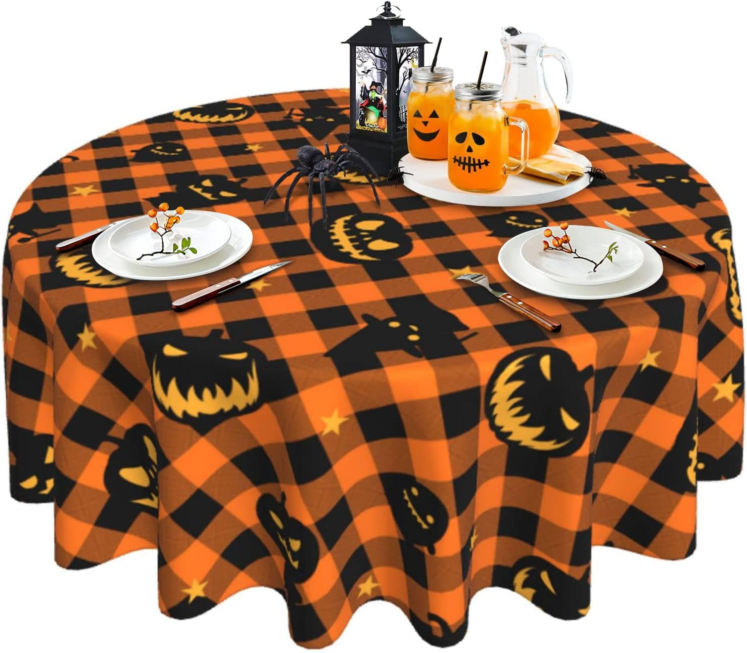 Halloween Tablecloth Round Tablecloth 60 Inch, Fall Pumpkin Black