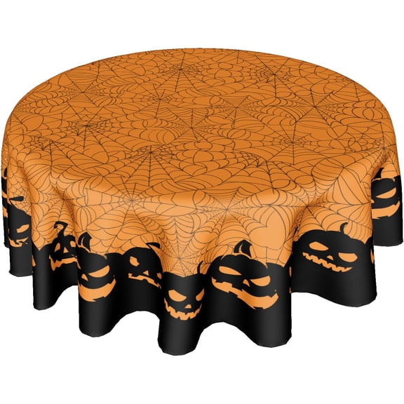 Halloween Tablecloth - Round 60 Inch Orange Polyester Fabric Pumpkin Spider Web Table Cover for Kitchen Dining Room Picnic Party Outdoor