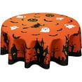 thumbnail image 1 of Halloween Tablecloth Round 60 Inch Pumpkin Ghost Spider Web Bat Castle Witch Orange Table Cloths Circular Table Cover Washable Wipeable Polyester Tabletop for Dining Kitchen Party Holiday Decor, 1 of 7