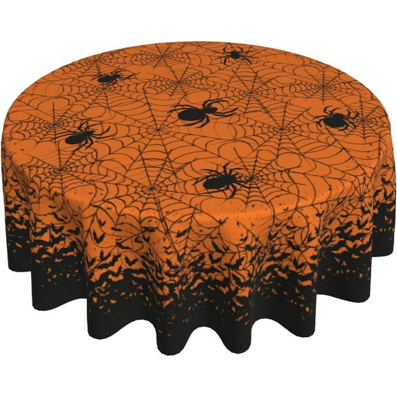 Halloween Tablecloth Round, Black Orange Spiderweb Spider Bat Pattern Print Table Cloth Holiday Decoration Decorative Tablecloths Seasonal Decor for Home Kitchen Party Picnic Dinner