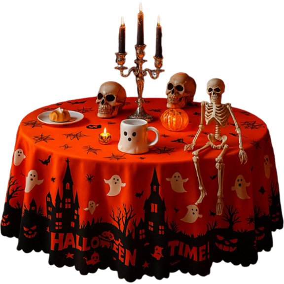 Halloween Tablecloth Round Ghost Spider Web Bat Castle Orange Table Cloths Circular Table Cover Washable Tabletop for Dining Kitchen Party Holiday Decor