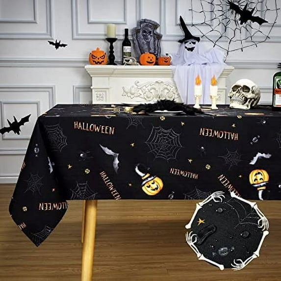 Halloween Tablecloth, Spider Web and Pumpkin Table Cloth, Bat Cobweb and Ghost Waterproof Tablecloths, Halloween Table Decorations, Rectangle 60 x 102 inch