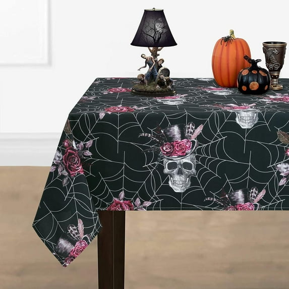 Halloween Tablecloth, Spider Web and Skull Table Cloth, Cobweb and Rose Tablecloths, Scary Themed Waterproof Spillproof Tablecover for Dinner Party Decoration, Rectangle 60 x 120 Inch