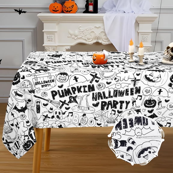 Halloween Tablecloth, Spider Web and Pumpkin Table Cloth, Microfiber Table Cover for Dinner Party Decoration, Rectangle 60 x 84 Inch, White and Black