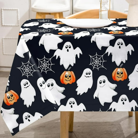 Halloween Tablecloth Spooky Ghost Pumpkin Spider Web Fabric Table Cloth Trick or Treat Table Cover for Picnic Home Kitchen Party Dining Table Decor