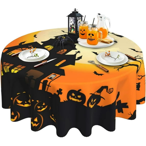 Halloween Tablecloth Spooky Tablecloth Washable Reusable Round Tablecloth 60 Inch, for Halloween Party Holiday Dinner Kitchen Dining Table Decor