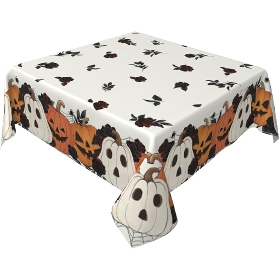 Halloween Tablecloth Square 70x70 Inch Burnt Orange Cream White Pumpkin Dark Black Rose Floral Holiday Themed Decorative Table Cloth Farmhouse for Indoor Party Kitchen Dinner Picnic Decor