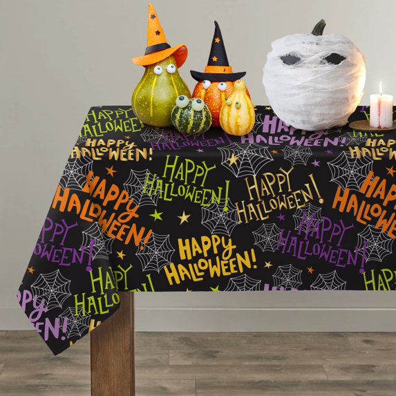 Halloween Tablecloth, Halloween Table Cloth with Pumpkin Spider Web Bat Tablecloth, Waterproof Wrinkle Free Rectangle Tablecloth Polyester Fabric Table Cover for Halloween Party Decoration, Black