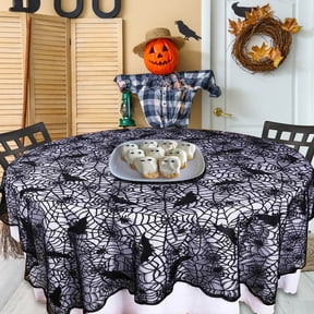 Halloween Tablecloth Topper Covers, Black Round Lace Spider Web Tablecloth 70in for Fireplace Table Party Decor, Round Table Topper with Spider Web Lace Edge for Halloween Party Dining Table