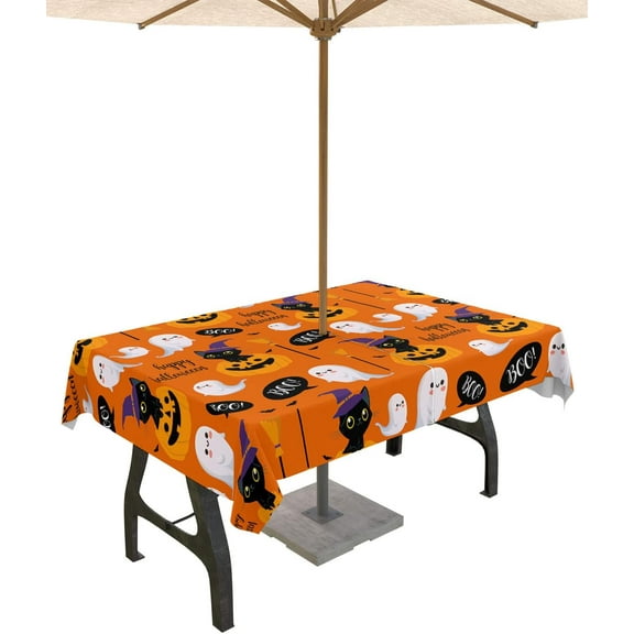 Halloween Tablecloth with Umbrella Hole and Zipper Boo Black Cats Outdoor Tablecloths 60x102 Table Cloths Ghosts Pumpkin Bats Orange Patio Table Cloth Cover for Holiday Party Picnic Yard Garden Decor