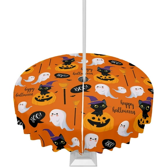 Halloween Tablecloth with Umbrella Hole and Zipper Boo Black Cats Round Outdoor Tablecloths 60 Inch Table Cloths Ghosts Pumpkin Bats Orange Patio Table Cloth Cover for Holiday Party Picnic Garden