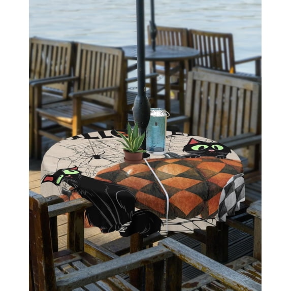 Halloween Tablecloth with Umbrella Hole and Zipper Happy Halloween Outdoor Tablecloths 52x70 Table Cloths Black Cat Pumpkin Patio Table Cloth Cover for Holiday Party Picnic Backyard Garden Decor