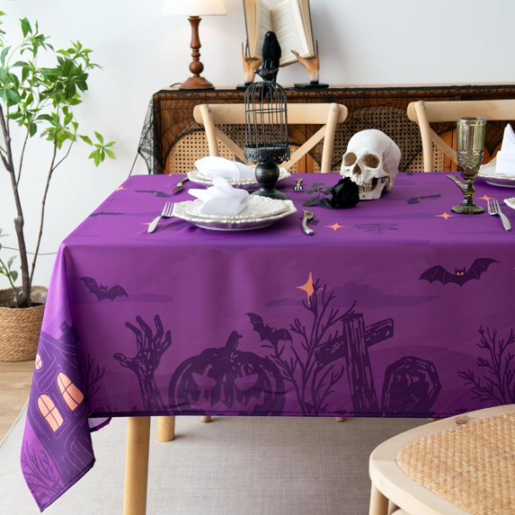 Halloween Tablecloth Waterproof \u2013 Spooky Pumpkin Design, Purple Table Cover for Halloween Party Decorations, Washable Spillproof Table Cloth for Indoor Outdoor Use, W60 x L84 in