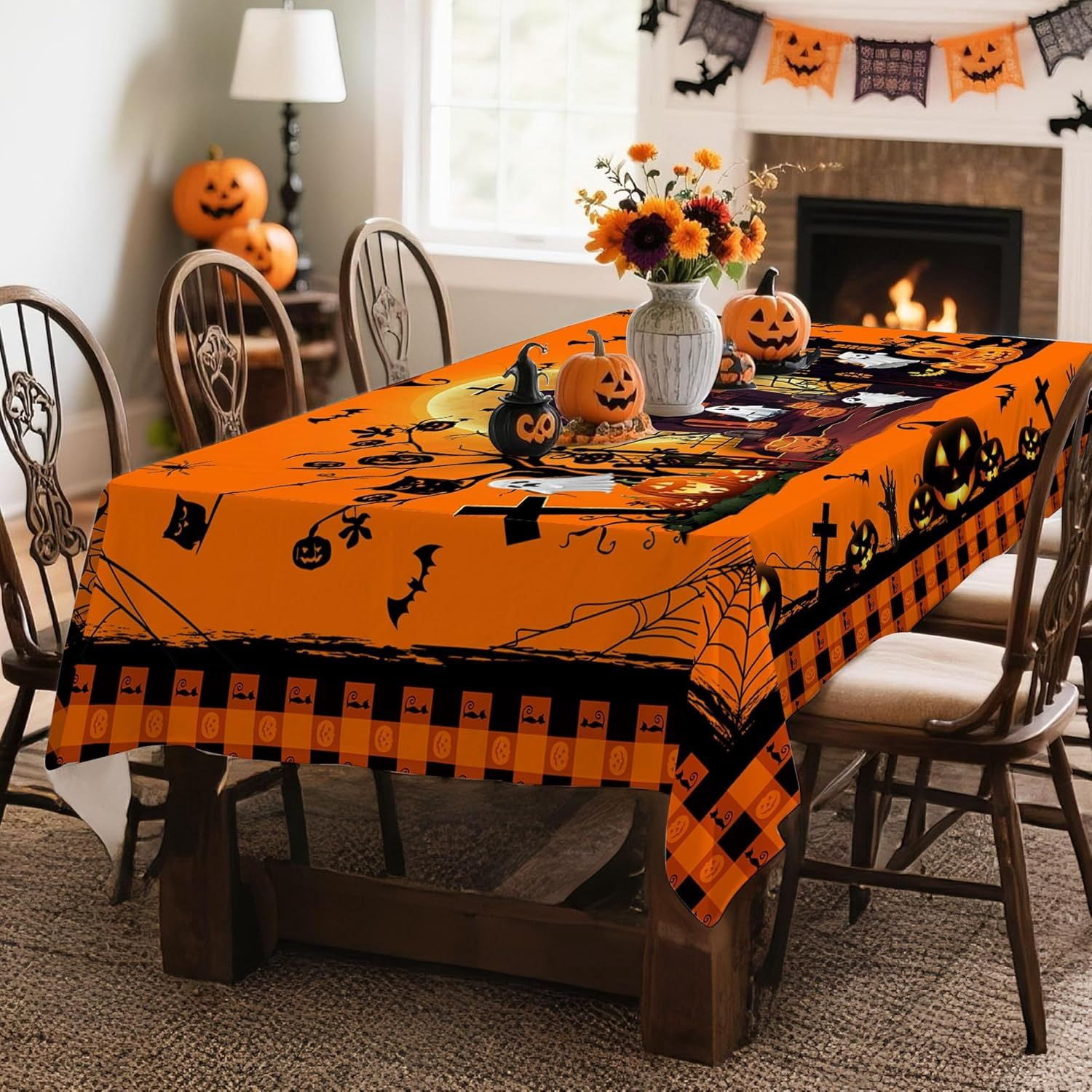 Halloween Tablecloth with Pumpkin Castle Ghost Design for Dining Table