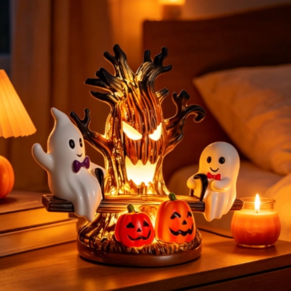 Halloween Tabletop Decor, Lighted Haunted Ghost Seesaw Tree Resin Figurine with Jack O Lantern Pumpkin, LED Spooky Halloween Statue for Indoor Mantel Party Decor