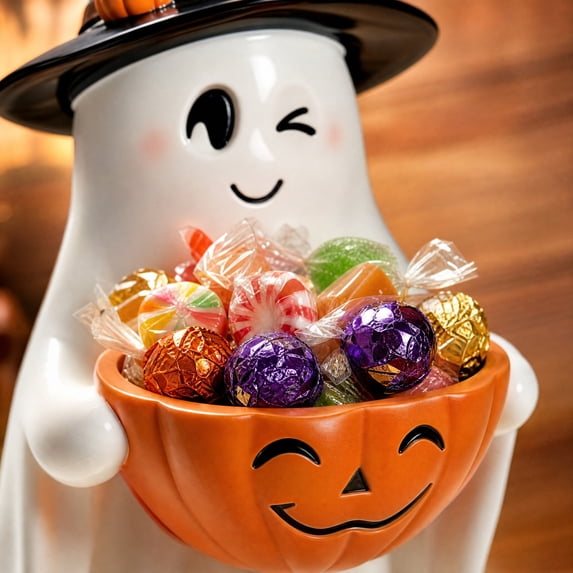 Wmkox8yii Ghost Figurine with Pumpkin Candy Bowl,9.8 inches Halloween Decorative Statue for Porch Tabletop Mantel Indoor Outdoor Display