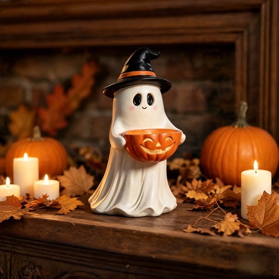 Wmkox8yii Ghost Figurine with Pumpkin Candy Bowl,9.8 inches Halloween Decorative Statue for Porch Tabletop Mantel Indoor Outdoor Display