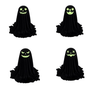Halloween Tabletop Ghost Decorations, 4 Pack Black Fabric Standing Ghosts with Green Light and Multi-Expressions, Spooky Haunted House Party Decor for Indoor Home