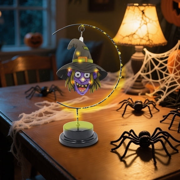 Halloween Tabletop Night Light Moon Shape Desk Lamp Witch Hanging Ornament Light With LED Moon Frame Design For Indoor Table Mantel Shelf Halloween Party Seasonal Decoration
