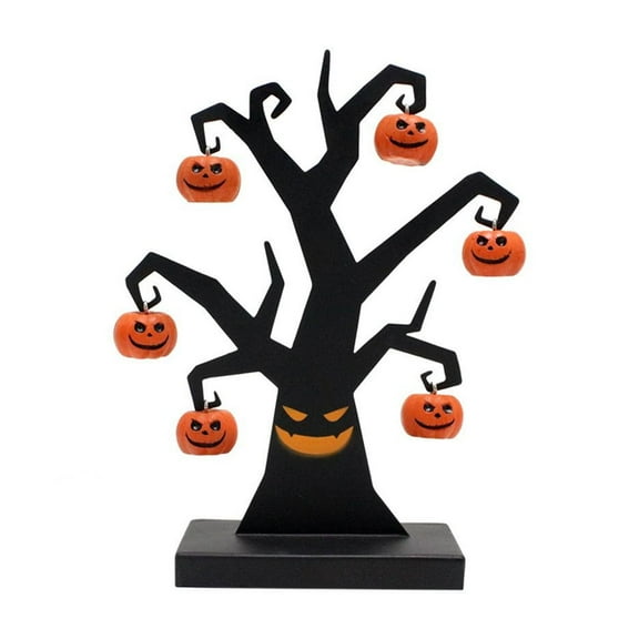 Halloween Tabletop Tree with Hanging Pumpkin Ornaments, Spooky Black Decorative Centerpiece for Home, Office, Party, 14 Inches