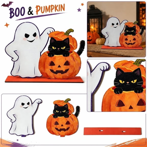 Halloween Tabletop Wooden Decor, Cute Halloween Decorations, Halloween Ghost Decorations, Black Cat Halloween Decor, 13X10 Inch Vintage Craft Ornament Featuring Ghost, Jack O