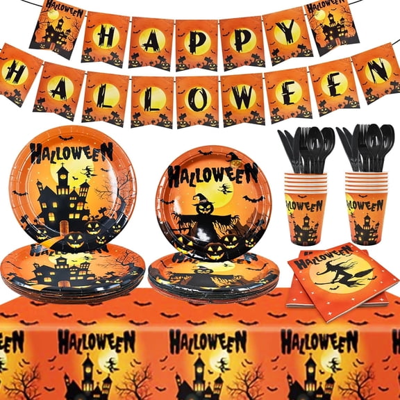 Halloween Party Supplies Decoration Tableware Set,114 Pcs Includes Plates, Napkin,Cup,Straw, Banners, Tablecloth.Halloween Disposable Dinnerware for Halloween Party Decorations,Serve 16