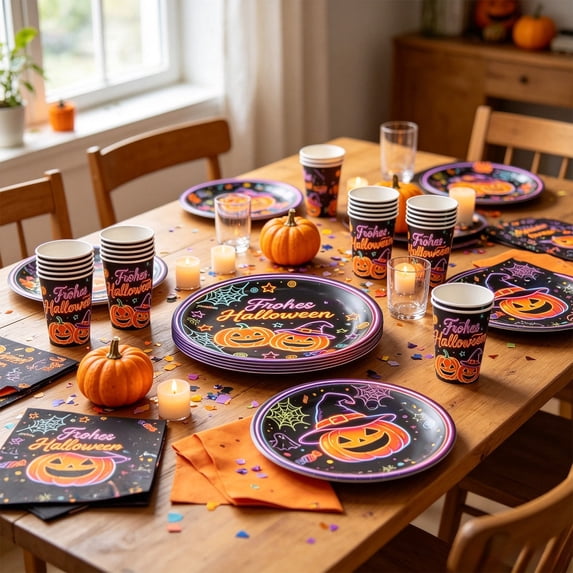 Halloween Tableware Set, Disposable Holiday Party Decor Kit, Includes Paper Plates, Cups, Napkins and Cutlery, 50Pcs Complete Tableware Supplies 10 Guests Halloween Party Indoor Outdoor Decoration