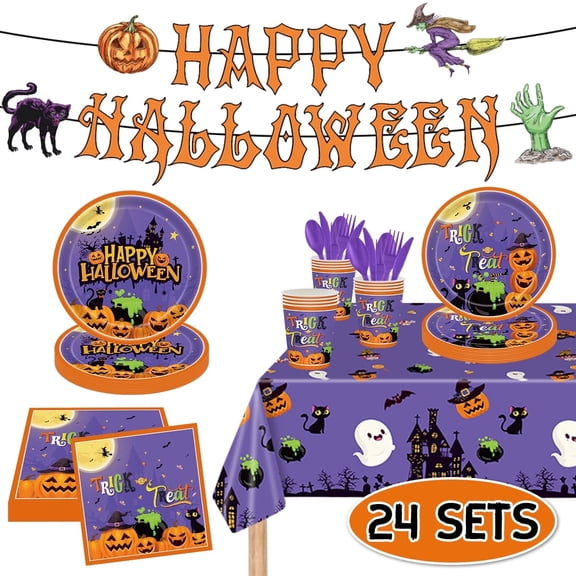Halloween Party Supplies Disposable Paper Plates Napkins Tablecloth Banner Halloween Dinnerware Set for Halloween Party Supplies Serve 24 Style1