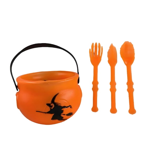 Halloween Tableware Set Witch Cauldron Candy Bucket with Handle Flame Pattern Container and Hand Shaped Utensils for Parties