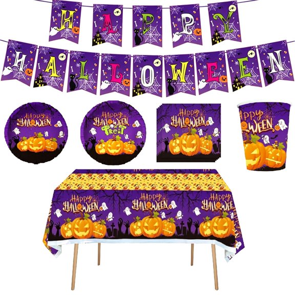 Halloween Tableware Set With Banner Disposable Plates Cups Napkins Tablecloth For Family Party Gathering Decor