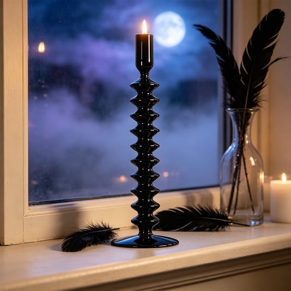 Halloween Taper Candlestick, Black Glass Candle Holder for Christmas Halloween Decor, Black Candelabra for Wedding Dining Home Decorative