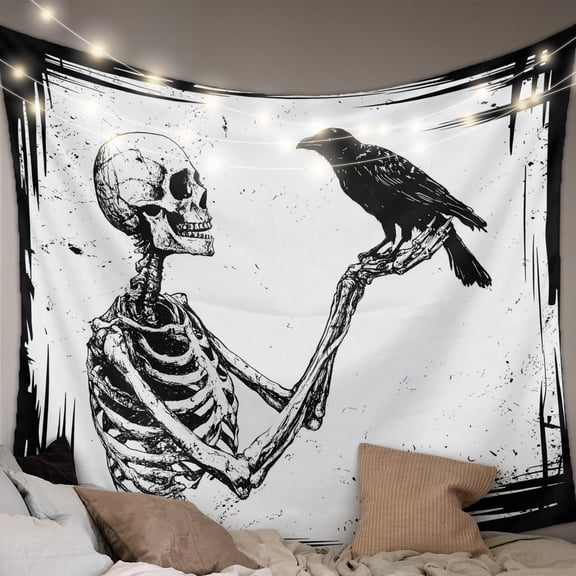 Halloween Tapestry for Bedroom Wall Hanging Tapestry, Black Skull Crow White Ceiling Backdrop Tapestries Poster Blanket Wall Decor for Teens Room Living Room Dorm 59" x 79"