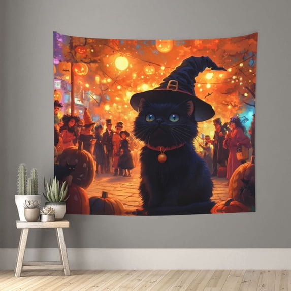 Halloween Tapestry Halloween Decor, Halloween Witch Hat Black Cat Market Wall Tapestry Aesthetic, Halloween Decorations Tapestry Wall Hanging for Bedroom, Livingroom - 60x51in