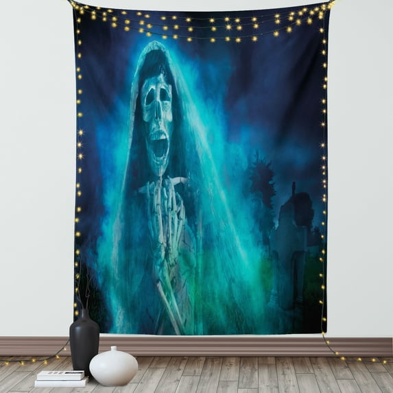 Halloween Tapestry, Gothic Dark Backdrop with a Dead Ghost Skull Mystical Haunted Horror Themed Digital Art, Wall Hanging for Bedroom Living Room Dorm Decor, 40W X 60L Inches, Blue, by Ambesonne