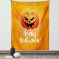 thumbnail image 1 of Halloween Tapestry, Spooky Smiling Pumpkin Symbol with White Calligraphy Print, Wall Hanging for Bedroom Living Room Dorm Decor, 40W X 60L Inches, Orange Scarlet and Lime Green, by Ambesonne, 1 of 5