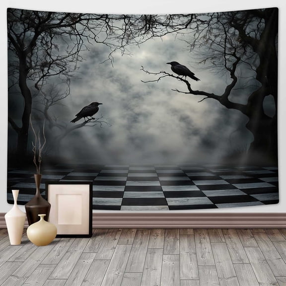 Halloween Tapestry,Summerween Gothic Fog Forest Tapestry Blanket,Black Crow on Withered Branches Wall Hanging,Creepy Jungle Deep in Dark for Home Living Room Decor,60X50IN