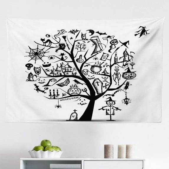 Halloween Tapestry, Trick or Treat Dead Forest with Spooky Tree Graves Big Cartoon Art Print, Fabric Wall Hanging Decor for Bedroom Living Room Dorm, 2 Sizes, Multicolor, by Ambesonne