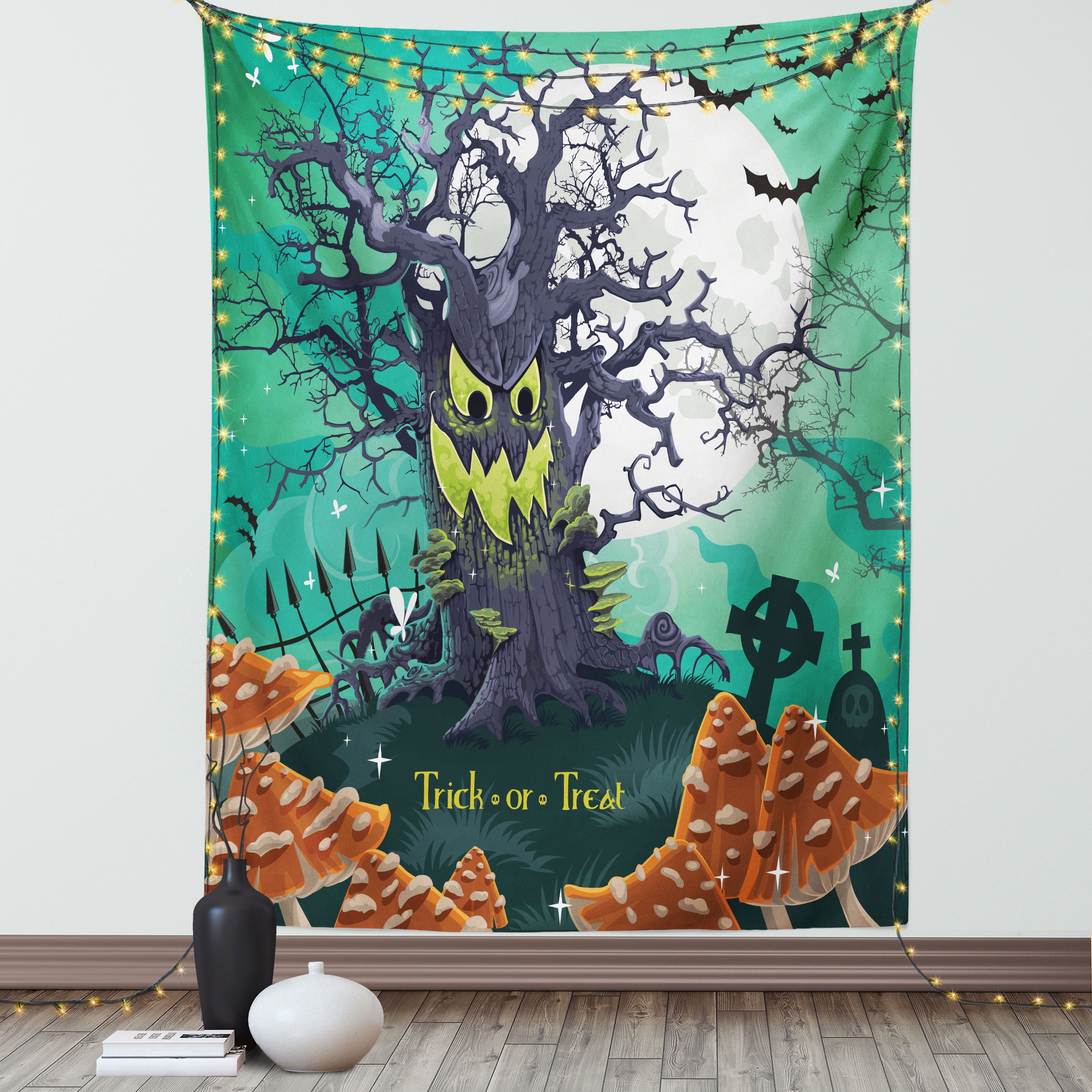 Halloween Tapestry Trick or Treat Dead Forest with Spooky Tree Graves Big Kids Cartoon Art Print Wall Hanging for Bedroom Living Room Dorm Decor 60W X 80L Inches Multicolor by Ambesonne